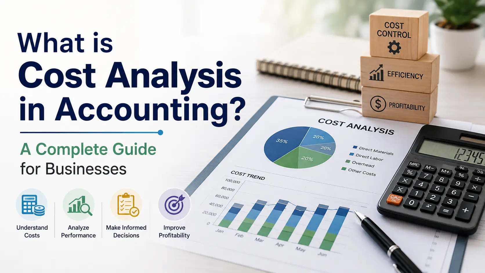 Home Cost analysis in accounting with financial charts, calculator, and business performance metrics